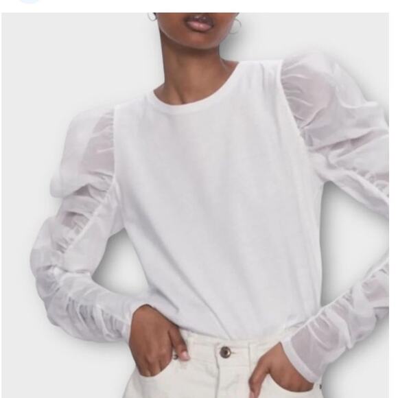 EUC ZARA Puff Sleeve Blouse White Size M | Sheer Organza Sleeve Top - Picture 5 of 10